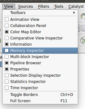 Showing the Memory Inspector option in the View menu of the ParaView client GUI.
